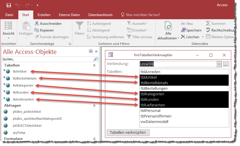 Das Listenfeld zeigt die bereits vorhandenen Verknüpfungen schwarz hinterlegt an.
