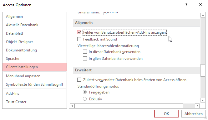 Aktivieren der Anzeige von Ribbon-Fehlern