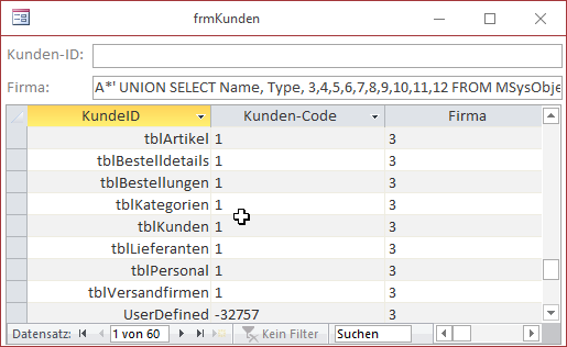Ermitteln der Daten einer anderen Tabelle, hier die Tabellennamen