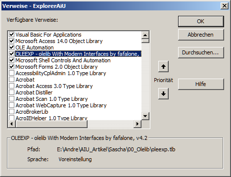 Alle Verweise des Datenbank-VBA-Projekts stammen mit Ausnahme der Bibliothek OLEEXP aus gängigen Windows- und Office-Komponenten