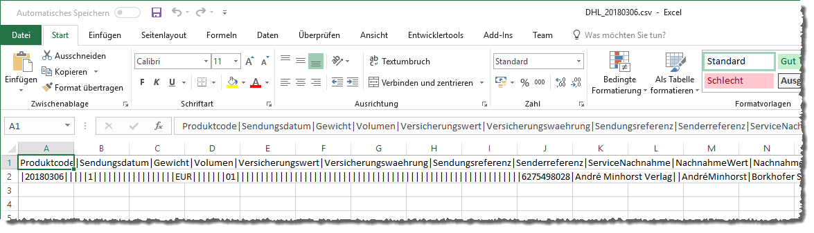 Export der Daten für den Versand eines DHL-Pakets