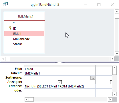 Datensätze in tblEMails1, aber nicht in tblEMails2