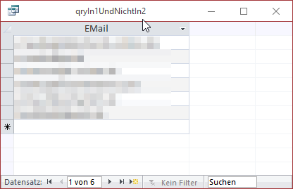 Datensätze in tblEMails1, aber nicht in tblEMails2 - Datenblattansicht