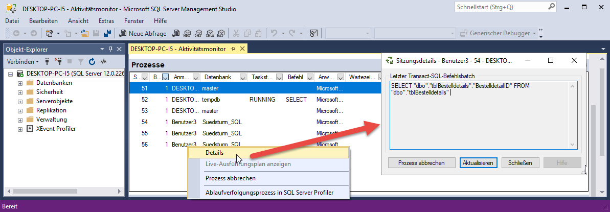 Per Kontextmenü rufen Sie die Details auf, etwa den Text der ausgeführten Abfrage
