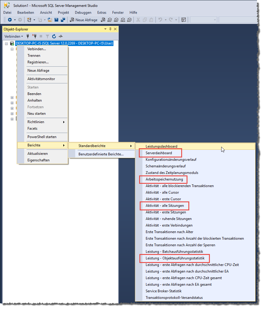 Auswahl der Berichte für die SQL Server-Instanz