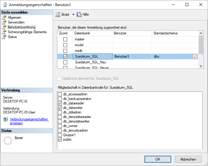 Zuweisen der Datenbank und der Berechtigungen für diese Datenbank