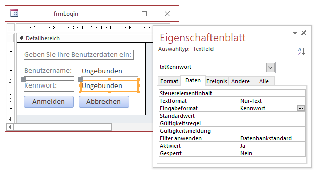 Entwurf des Login-Formulars