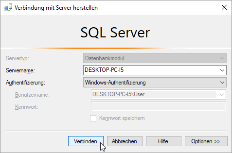 Bei der Windows-Authentifizierung sind die Felder Benutzername und Kennwort ausgegraut.