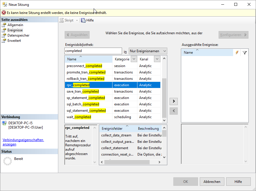 Suchen nach den benötigten Ereignissen