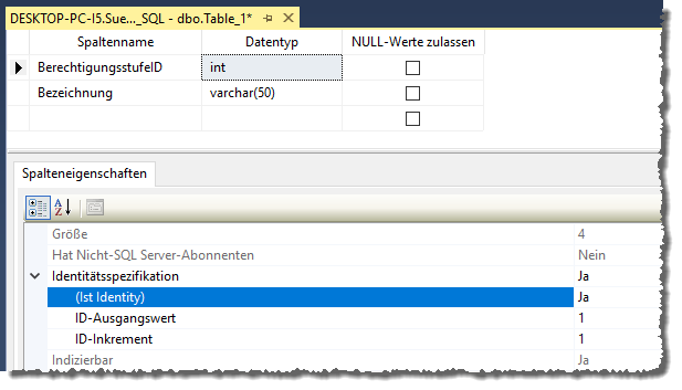 Anlegen der Tabelle tblBerechtigungsstufen