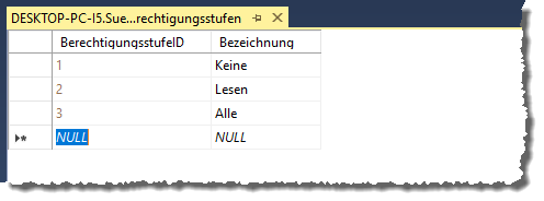 Hinzufügen von Datensätzen zur Tabelle tblBerechtigungsstufen