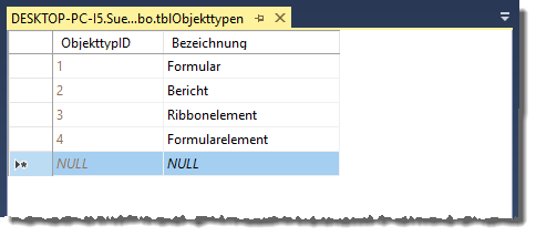 Füllen der Tabelle tblObjekttypen
