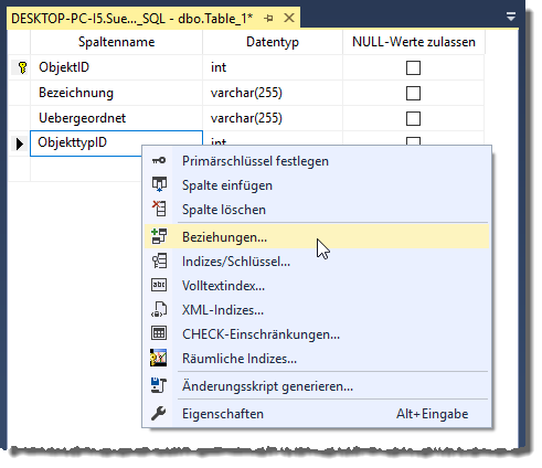 Entwurf der Tabelle tblObjekte