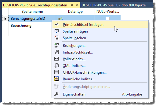 Festlegen des Primärschlüsselfeldes per Kontextmenü