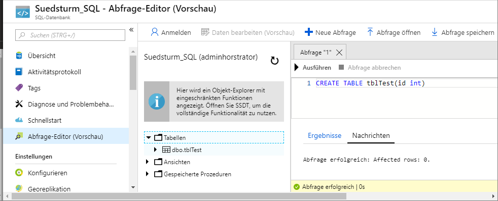 Bearbeiten der Datenbank, hier Anlegen einer kleinen Beispieltabelle