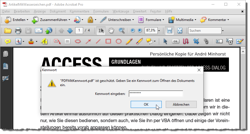 Beim öffnen des PDFs wird ein Kennwort abgefragt.