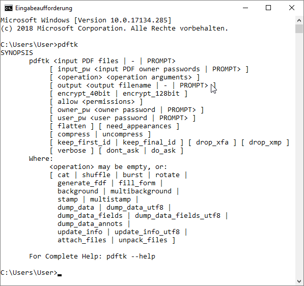 Aufruf von PDFtk in der Eingabeaufforderung
