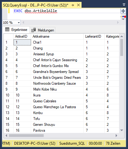 Ausführen der gespeicherten Prozedur per EXEC