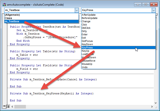 Hinzufügen der Ereignisprozedur für das Ereignis KeyPress