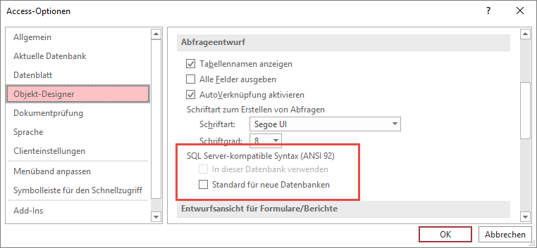 Einstellungen für die SQL-Syntax