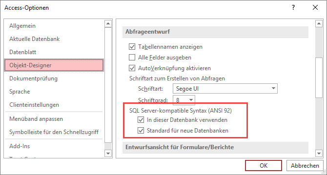 Aktivierte SQL Server-kompatible Syntax