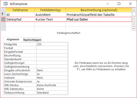 Tabelle zum Speichern der Dateipfade