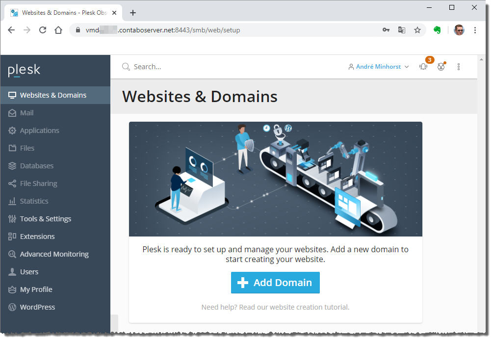 Benutzeroberfläche von Plesk