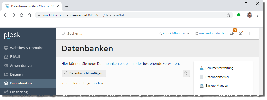 Der Bereich Datenbanken von Plesk