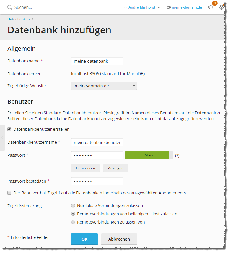 Der Bereich Datenbank hinzufügen