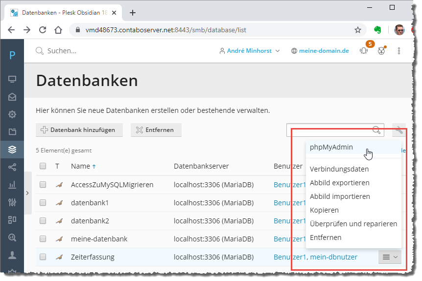 Kontextmenü der neuen Datenbank