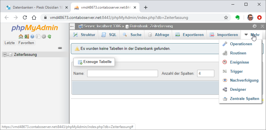 phpMyAdmin-Seite für die neue Datenbank