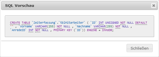 SQL-Anweisung zum Erstellen der Tabelle
