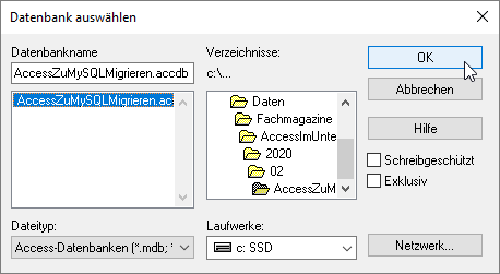 Auswahl der Datenbank