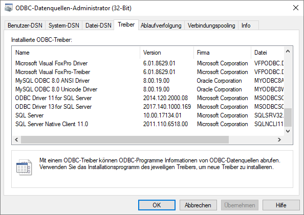 Prüfen, ob der richtige ODBC-Treiber installiert ist
