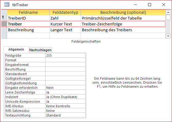 Entwurf der Tabelle zum Speichern der Treiberinformationen
