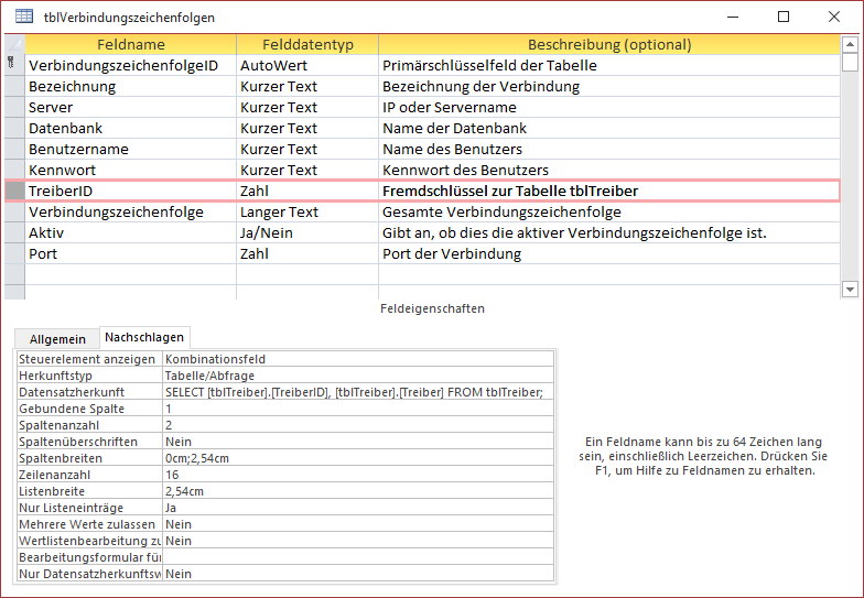 Entwurfsansicht der Tabelle tblVerbindungszeichenfolgen
