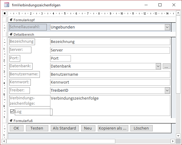 Entwurfsansicht des Formulars frmVerbindungszeichenfolgen