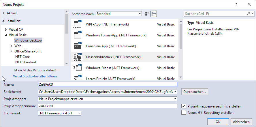 Anlegen der Klassenbibliothek in Visual Studio