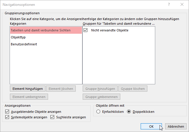 Einblenden von Systemtabellen