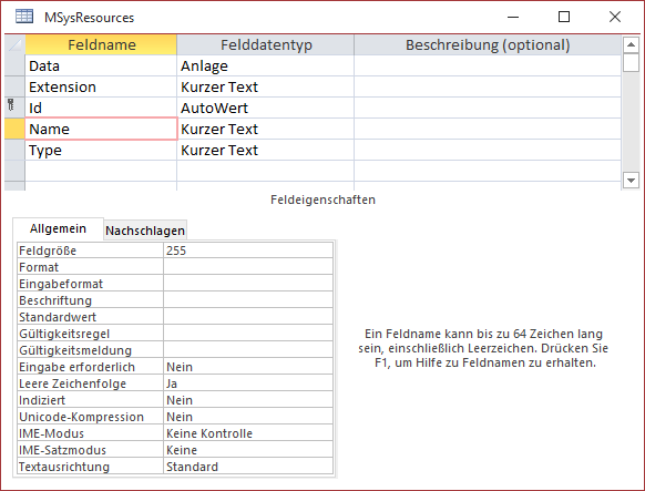 Entwurf der Tabelle MSysResources