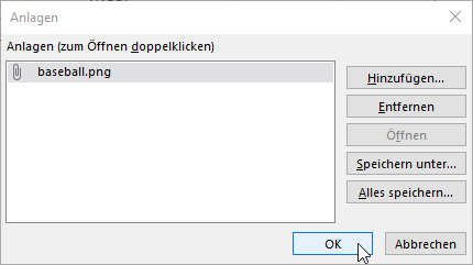 Die hinzugefügte Bilddatei im Anlagen-Dialog