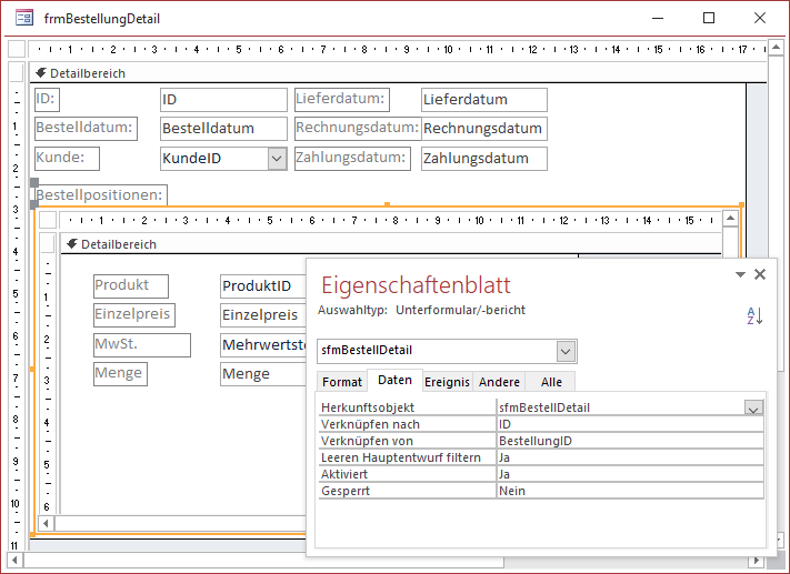 Entwurf des Formulars frmBestellungDetail