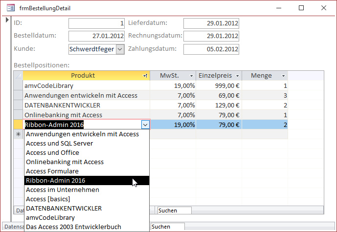 Formularansicht des Formulars frmBestellungDetail