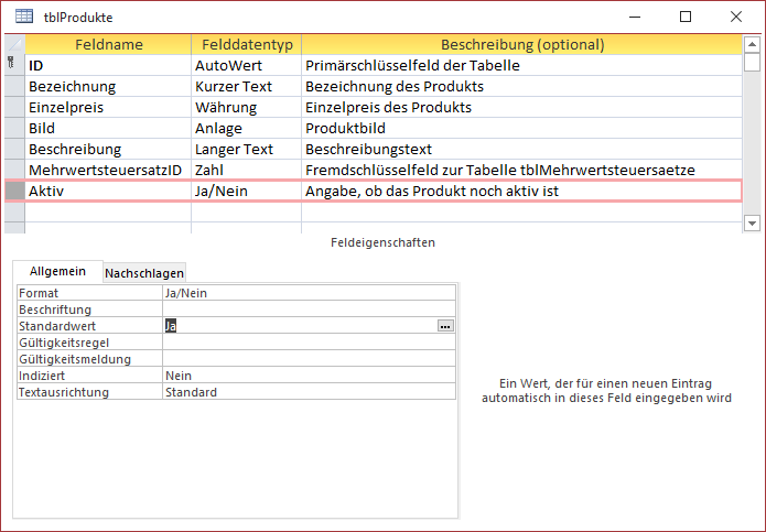Entwurf der Tabelle tblProdukte mit dem Feld Aktiv