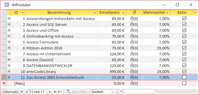 Einstellen der Werte des Feldes Aktiv