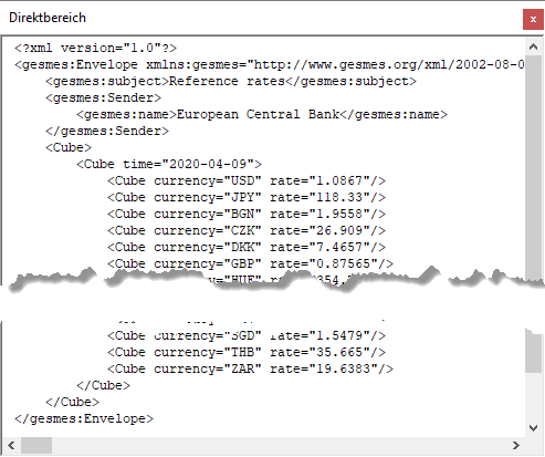 Ausgabe des soeben noch im Webbrowser betrachteten XML-Dokuments im Direktbereich des VBA-Editors