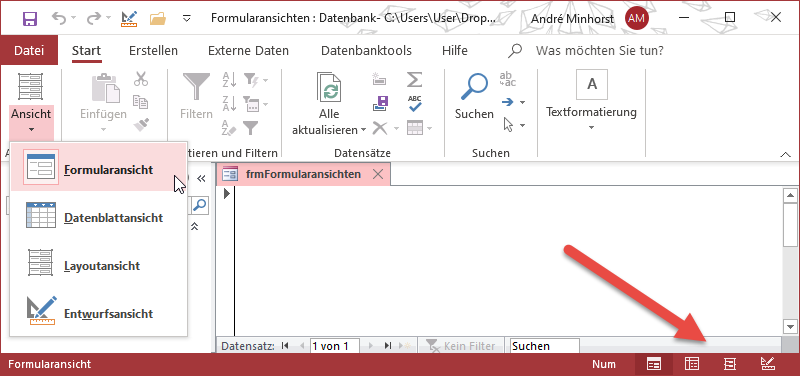 Formular und die Möglichkeiten zum Einstellen der Ansichten