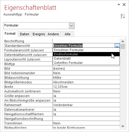 Einstellen der Standardansicht eines Formulars