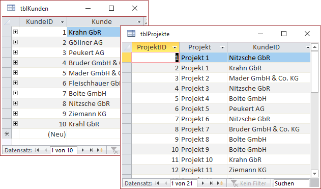Daten der beiden Tabellen tblKunden und tblProjekte