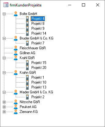 Kunden und Projekte im TreeView